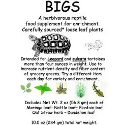 Label for BIGS herbivorous reptile food enrichment for tortoises, with leaf illustrations and 10 oz total weight